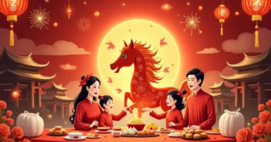 Image of Festive scene of Lunar New Year 2026 with lanterns, fireworks, zodiac horse, symbolic foods, and red envelopes.
