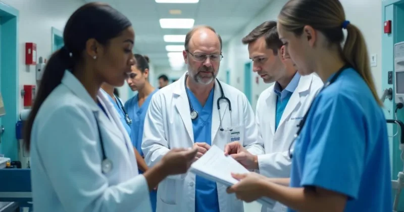 Medical residents learning from a senior doctor in a teaching hospital hallway.
