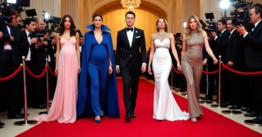 Image of Celebrities in iconic Met Gala 2025 red carpet outfits.