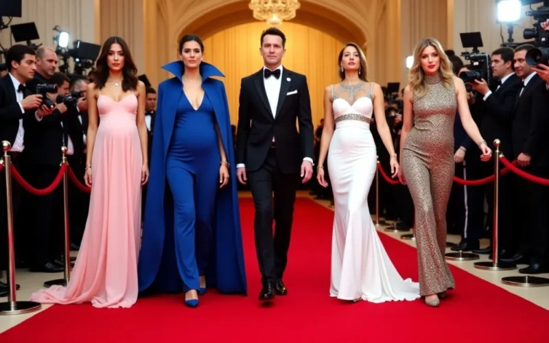 Image of Celebrities in iconic Met Gala 2025 red carpet outfits.