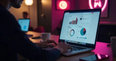 Professional using Meta Business Suite to manage Facebook and Instagram in a modern office setting
