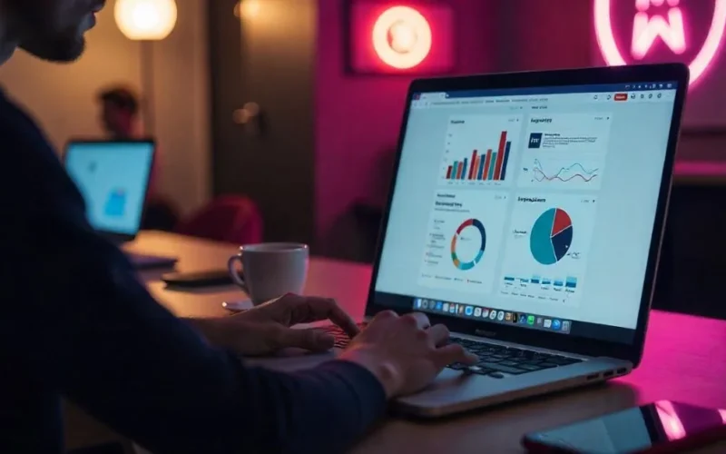 Professional using Meta Business Suite to manage Facebook and Instagram in a modern office setting