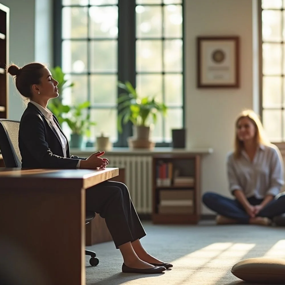 A calm visual symbolizing mindfulness and mental health, showing a person meditating with peaceful elements and mental wellness imagery. 
