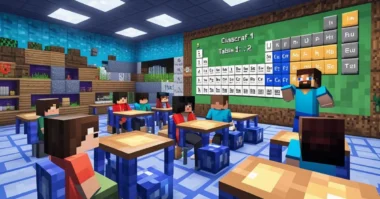 Minecraft classroom with students, teacher, and a board showing coding, math, and science content.