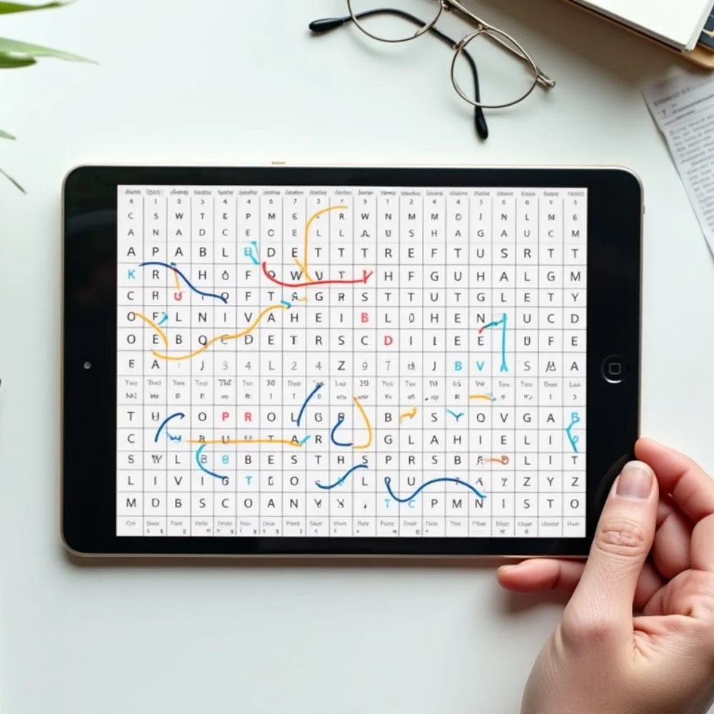 Image of Tablet showing NYT Strands puzzle