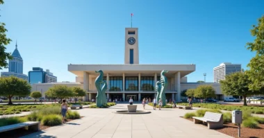 Image of Newcastle Civic Centre with clock tower and sculptures.