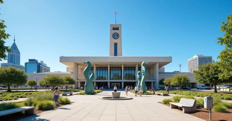 Image of Newcastle Civic Centre with clock tower and sculptures.