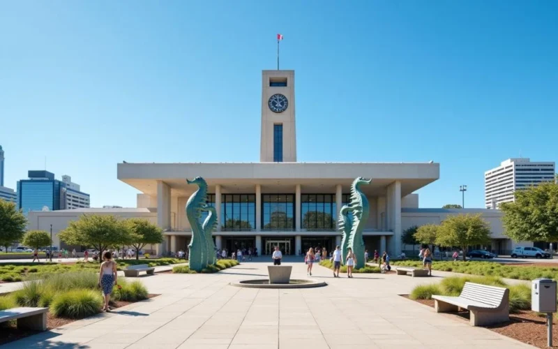 Image of Newcastle Civic Centre with clock tower and sculptures.