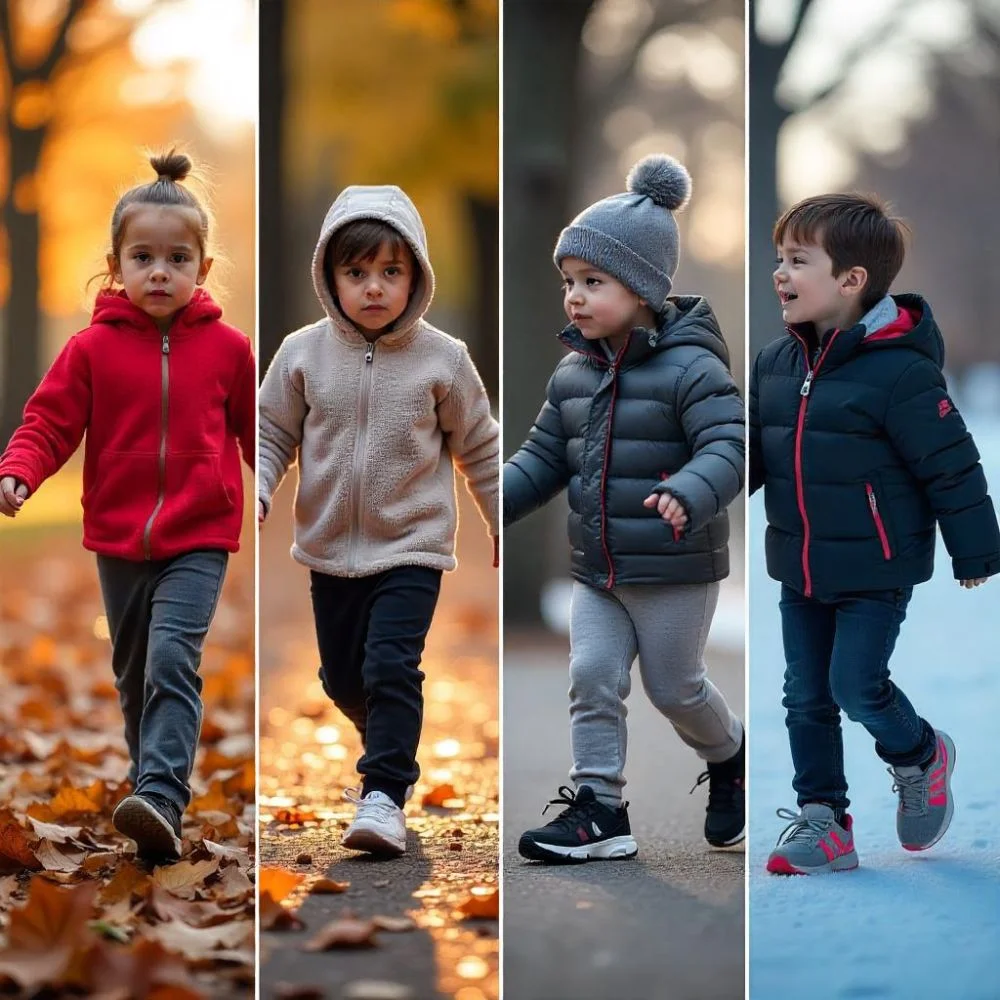 Kids wearing Nike Tech Fleece in fall leaves, winter snow, springtime greenery, and cool summer evenings, showing year-round comfort. 