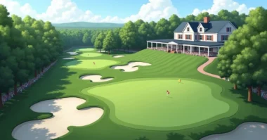 Aerial view of Oakmont Country Club with banners and fans ahead of the 2025 U.S. Open Golf Championship.