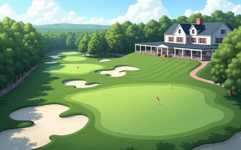 Aerial view of Oakmont Country Club with banners and fans ahead of the 2025 U.S. Open Golf Championship.
