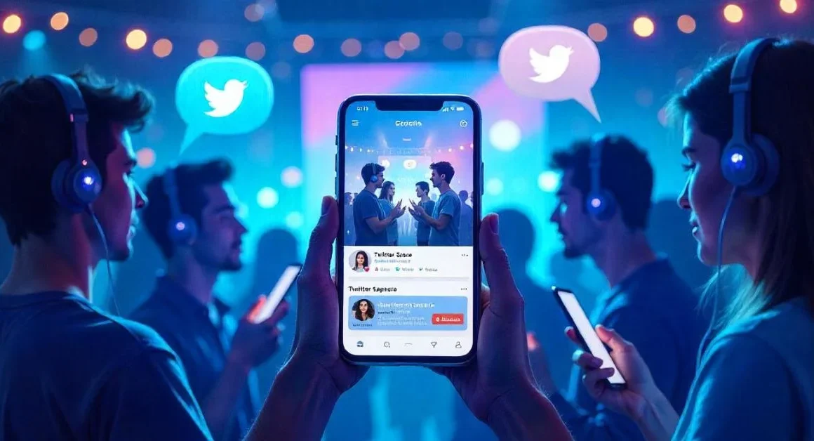 Illustration of users with phones and headphones in a Twitter Space chat, showing speech bubbles and live interaction around the Twitter logo