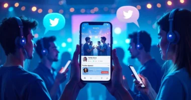 Illustration of users with phones and headphones in a Twitter Space chat, showing speech bubbles and live interaction around the Twitter logo