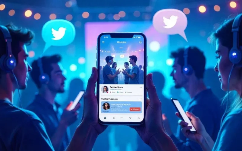 Illustration of users with phones and headphones in a Twitter Space chat, showing speech bubbles and live interaction around the Twitter logo