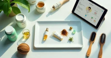 "Haircare analysis kit with hair strands, AI-powered report on tablet, and clean beauty products like aloe vera and coconut oil on a white lab surface."