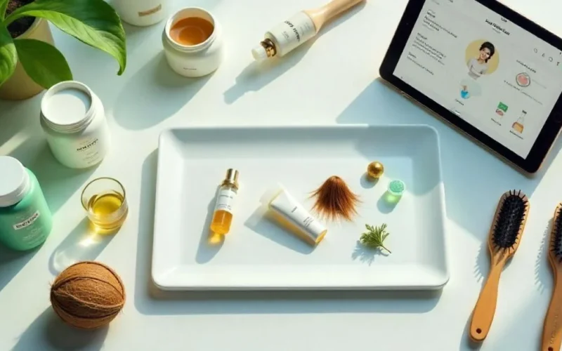 "Haircare analysis kit with hair strands, AI-powered report on tablet, and clean beauty products like aloe vera and coconut oil on a white lab surface."
