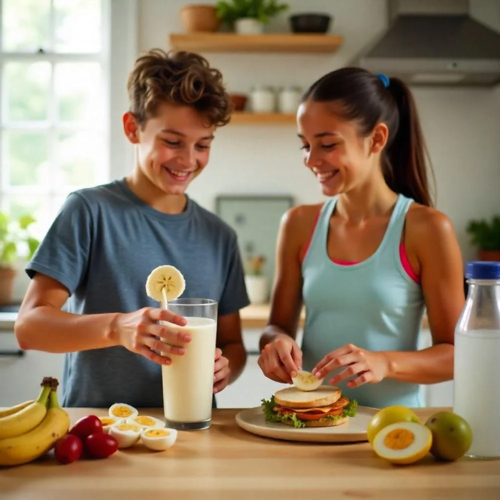 "Teens making healthy snacks after a workout in a bright kitchen." 