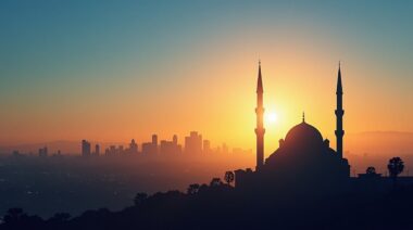 Image of Sunset over Los Angeles with a mosque silhouette and prayer time icons from Fajr to Isha