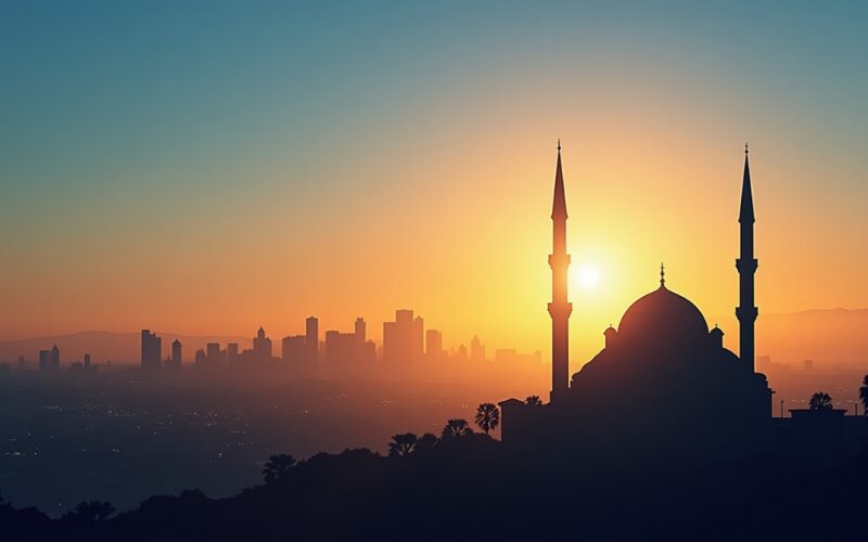 Image of Sunset over Los Angeles with a mosque silhouette and prayer time icons from Fajr to Isha