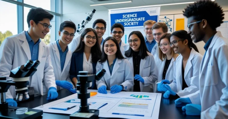 Science students collaborating at a campus society event.