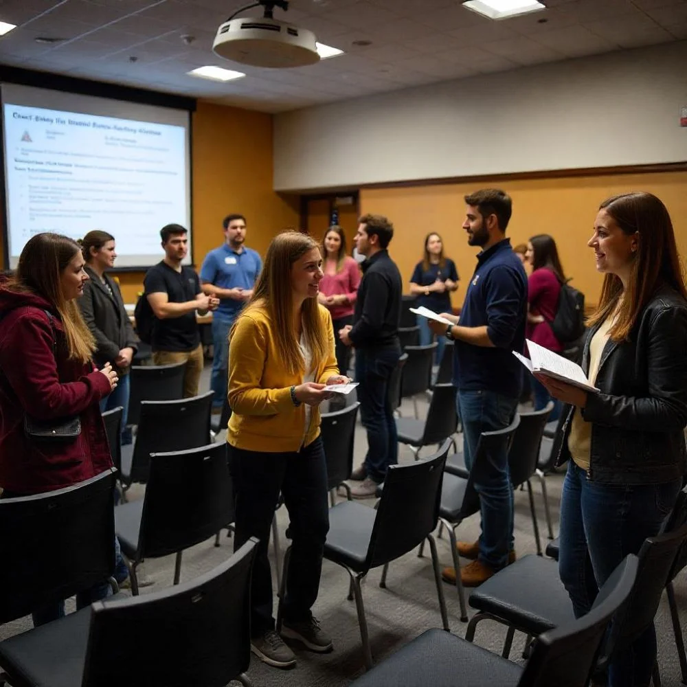 Science students organizing a speaker event with teamwork. 