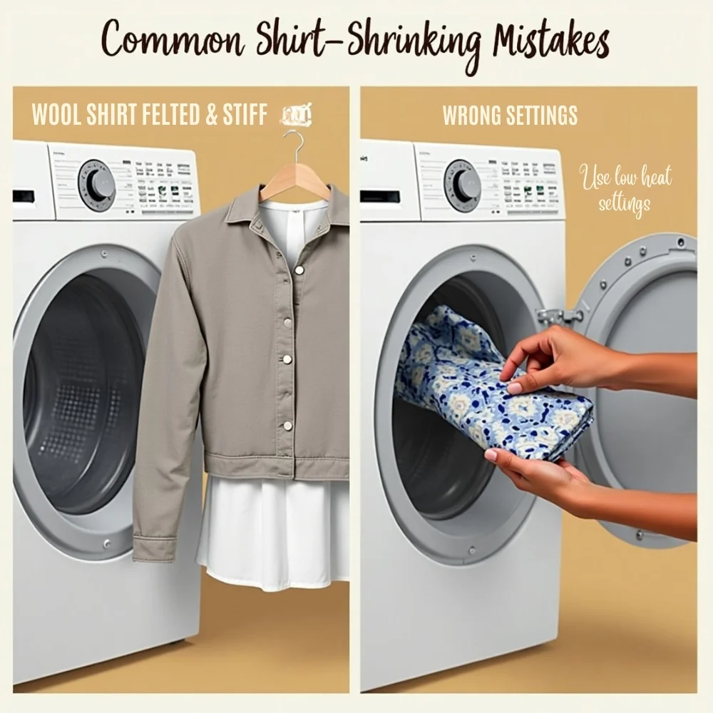 Image Examples of common shirt shrinking errors like overheating, ignoring labels, and rushing the process.