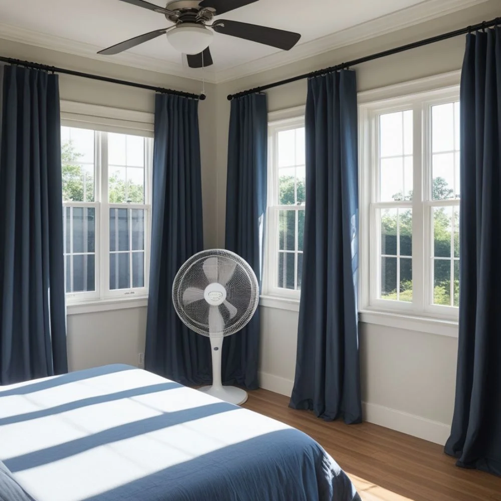 Cool bedroom with curtains closed, fan on, and window open. 