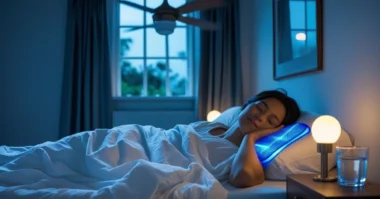 Person sleeping in a cool summer bedroom with fan, open window, cotton sheets, and soft lighting. Water and lotion on bedside table.
