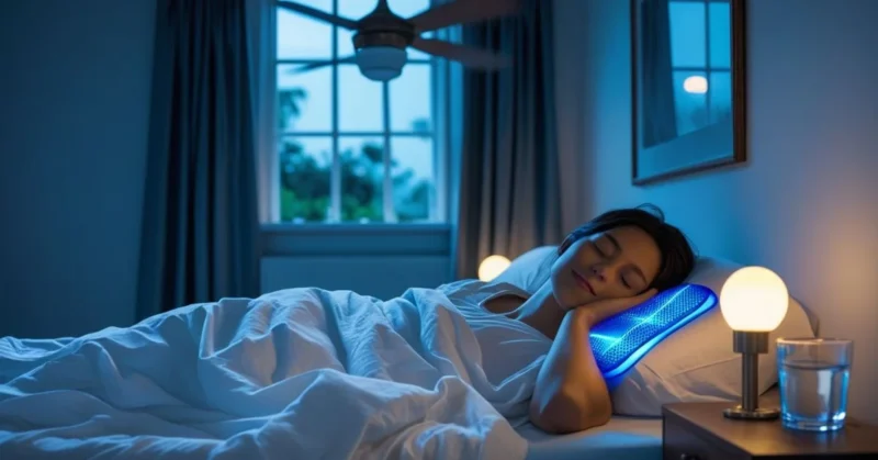 Person sleeping in a cool summer bedroom with fan, open window, cotton sheets, and soft lighting. Water and lotion on bedside table.
