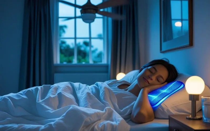 Person sleeping in a cool summer bedroom with fan, open window, cotton sheets, and soft lighting. Water and lotion on bedside table.