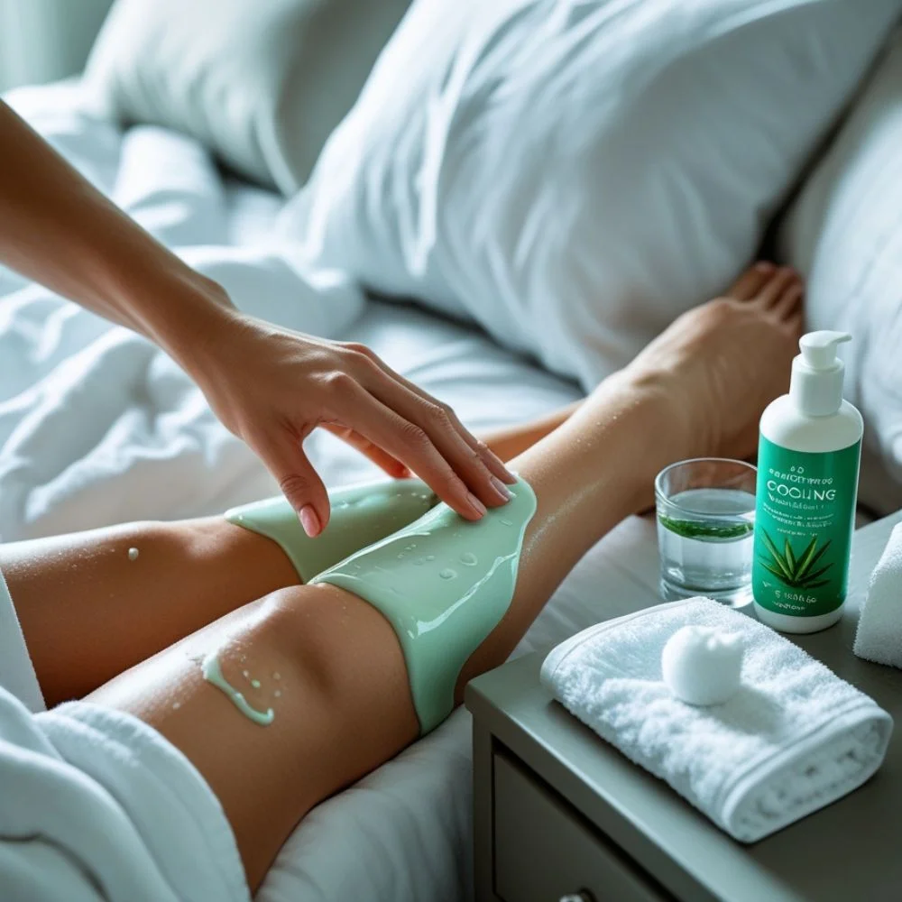 Hands applying cooling lotion at bedtime with water and towel nearby for Sleep Better in the Heat