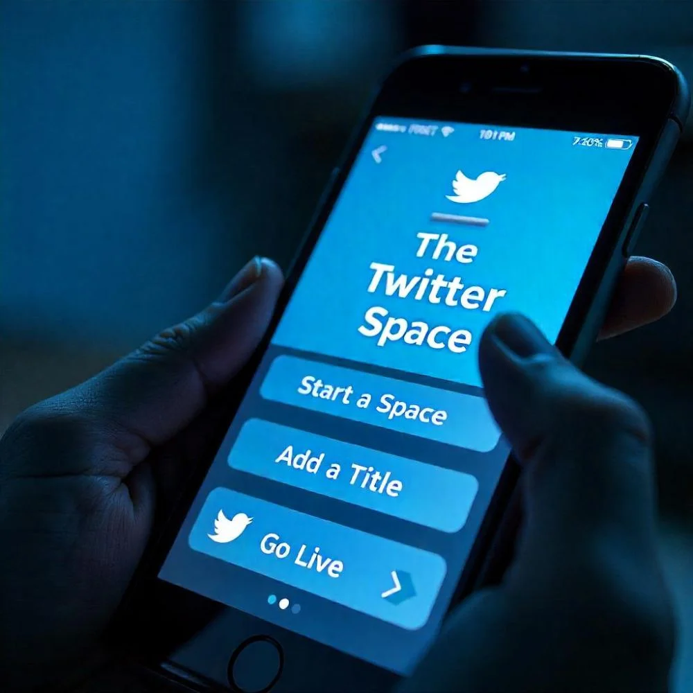 Illustrated mobile screen showing the process of starting a Twitter Space with buttons for naming, speaker settings, and going live 