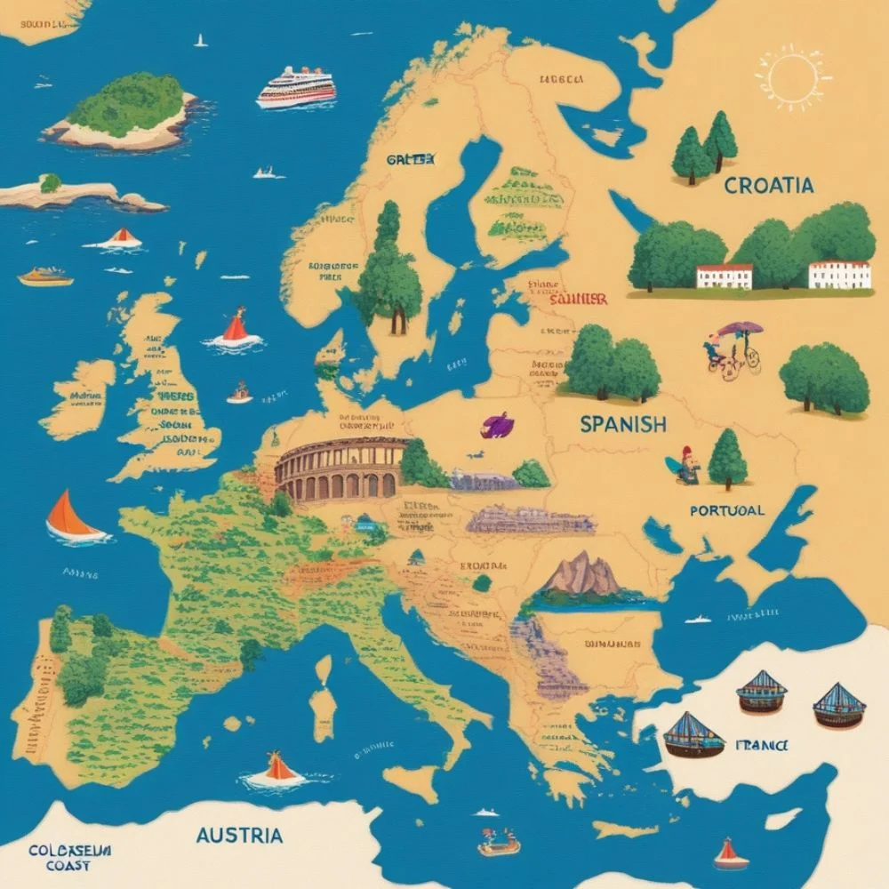 Map of best summer destinations in Europe with icons. 