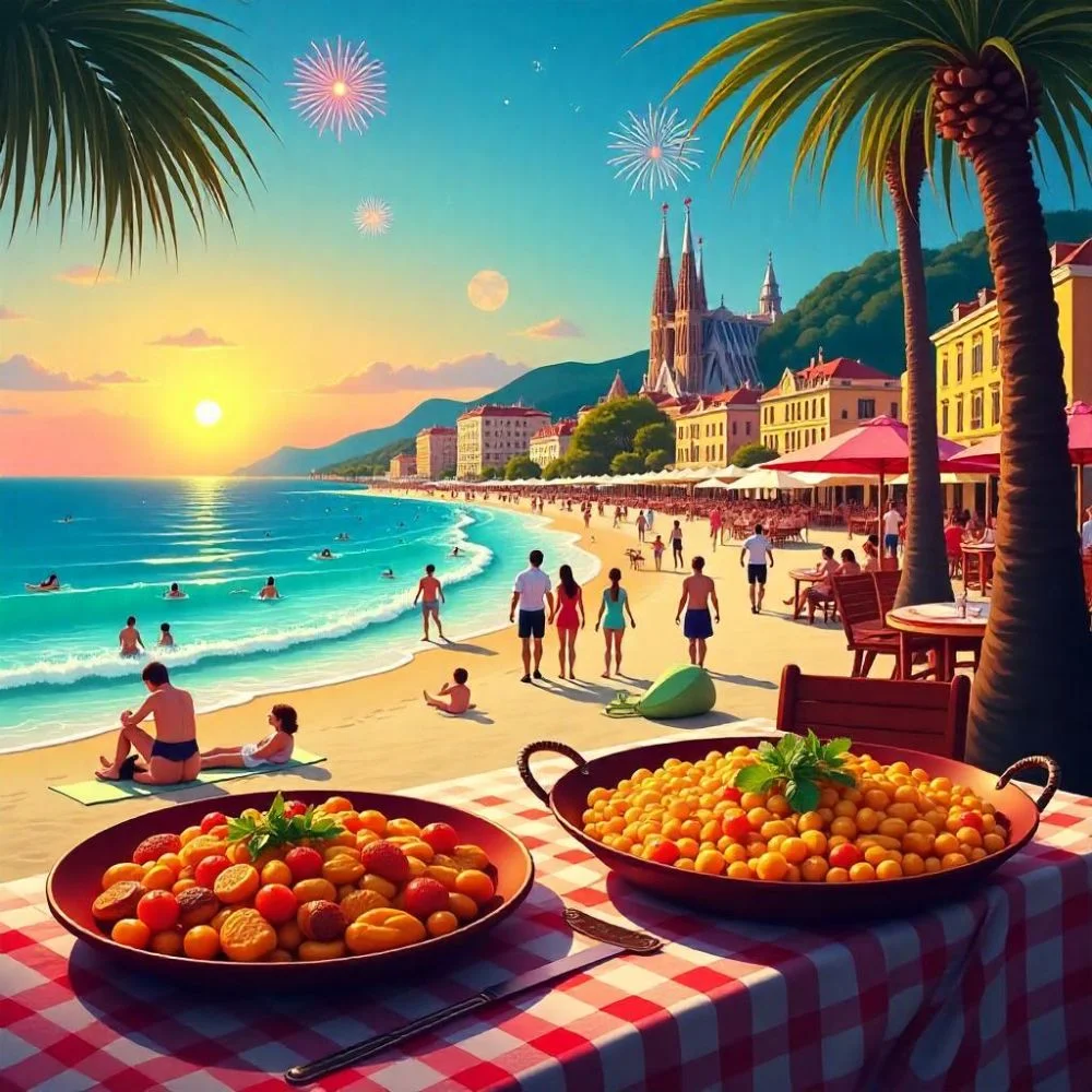 Collage of Europe’s top summer spots Santorini, Eiffel Tower, Swiss lakes, and Spanish beach festival in warm golden light.