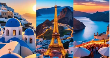 "A vibrant collage of top summer destinations in Europe including Santorini's blue-domed rooftops, the Eiffel Tower at sunset, Swiss green mountains with lakes, and a Spanish beach festival, all blended with warm golden summer lighting."