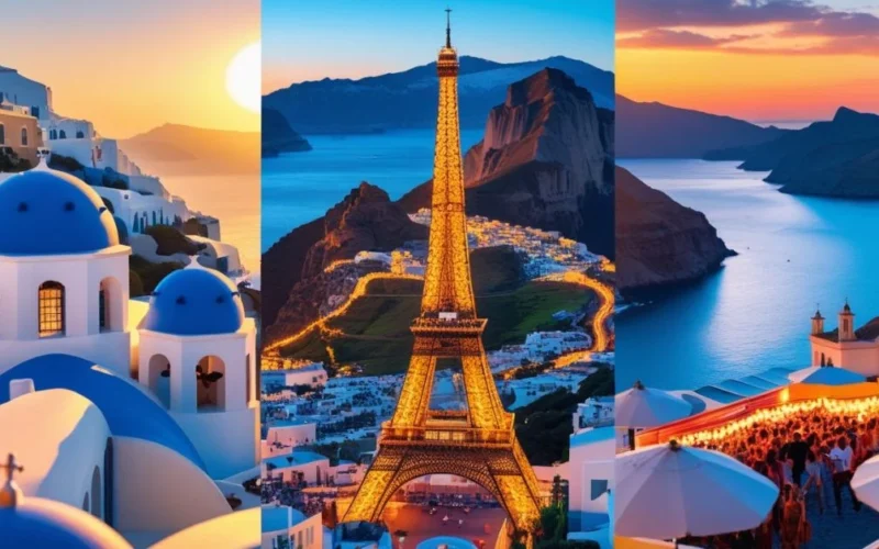 "A vibrant collage of top summer destinations in Europe including Santorini's blue-domed rooftops, the Eiffel Tower at sunset, Swiss green mountains with lakes, and a Spanish beach festival, all blended with warm golden summer lighting."