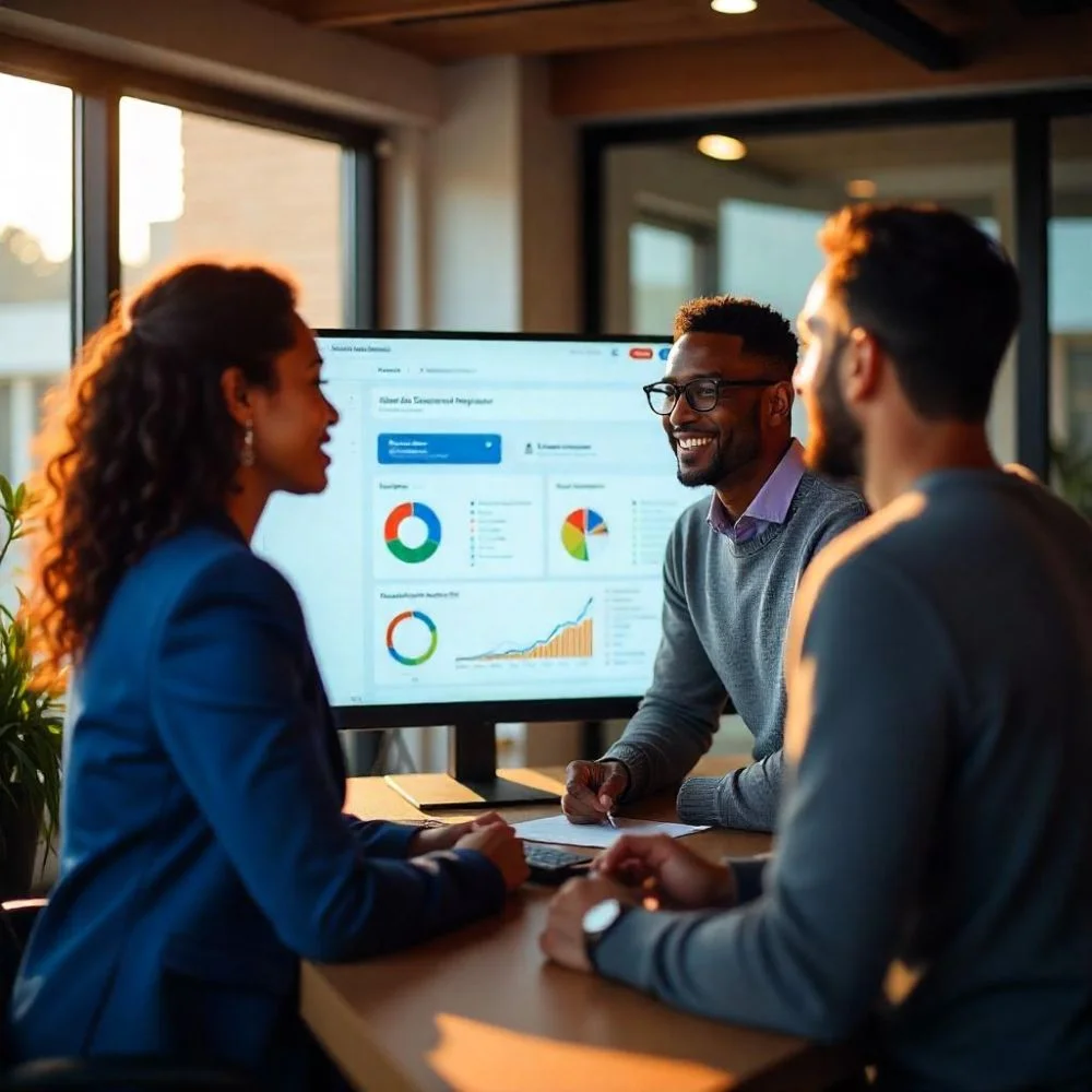 Marketing team reviewing Meta Ads Manager insights and business data on a large screen