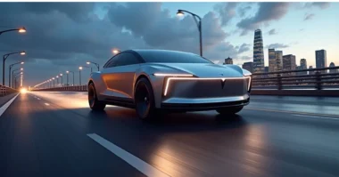 A photorealistic Tesla Cybertruck in motion on a highway at dusk, shown from a low-angle front side view with motion blur, glowing LED lights, and city skyline backdrop.