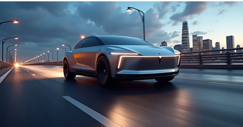 A photorealistic Tesla Cybertruck in motion on a highway at dusk, shown from a low-angle front side view with motion blur, glowing LED lights, and city skyline backdrop.