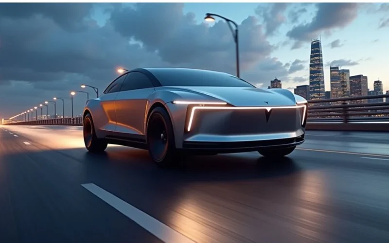 A photorealistic Tesla Cybertruck in motion on a highway at dusk, shown from a low-angle front side view with motion blur, glowing LED lights, and city skyline backdrop.