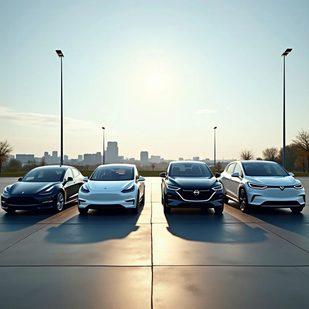 Side-by-side comparison of Tesla Model 2.0, Nissan Leaf, Chevy Bolt, and BYD Dolphin in a city setting, showing their design and key EV features. 