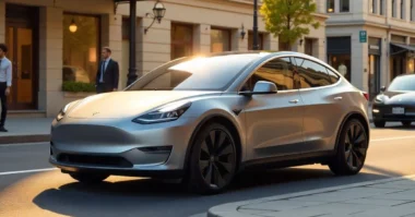 Tesla Model 2.0 showing sleek exterior parked in a city, with a minimalist interior featuring a central touchscreen and clean seating layout.
