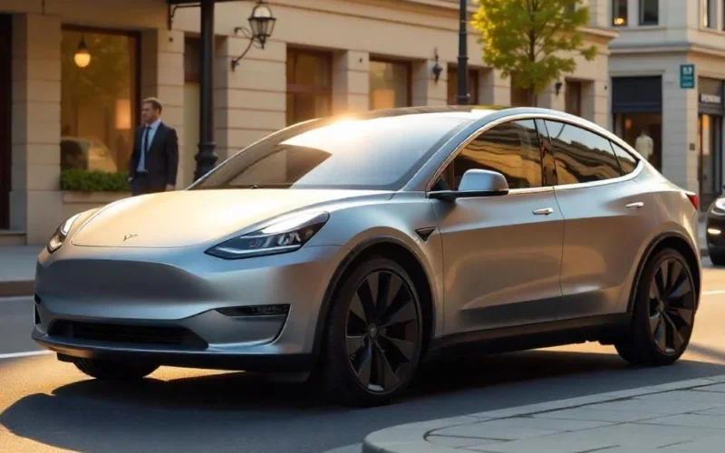 Tesla Model 2.0 showing sleek exterior parked in a city, with a minimalist interior featuring a central touchscreen and clean seating layout.