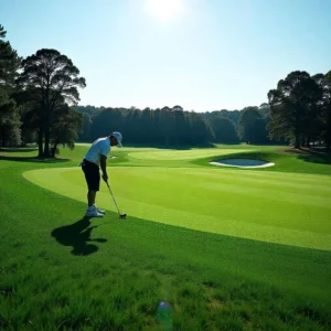 Golfer practicing on Oakmont’s fast green with deep bunkers under clear skies. 