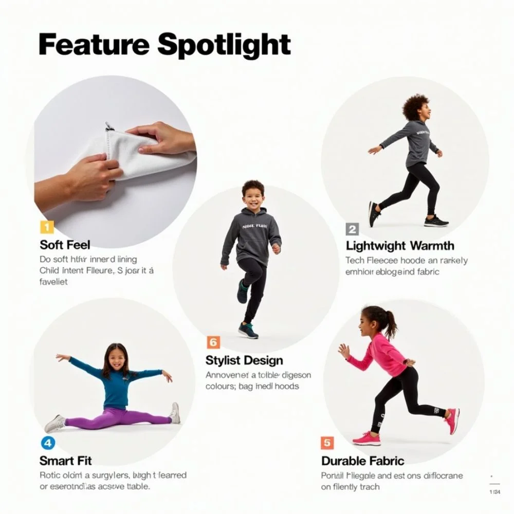 Infographic highlighting five key features of Nike Tech Fleece for kids: soft feel, lightweight warmth, stylish design, smart fit, and durable fabric. 