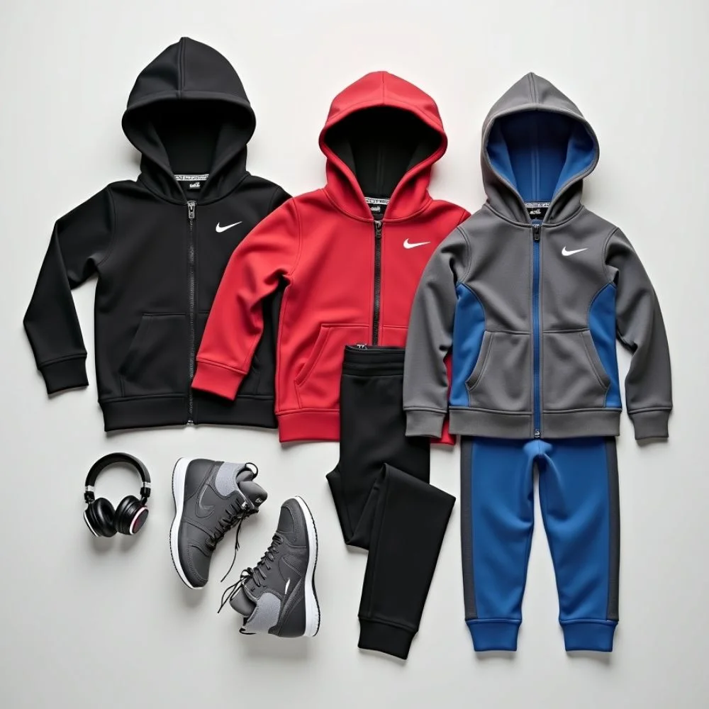 Display of popular Nike Tech Fleece items for kids including a hoodie, joggers, jacket, and full matching set in stylish colors. 