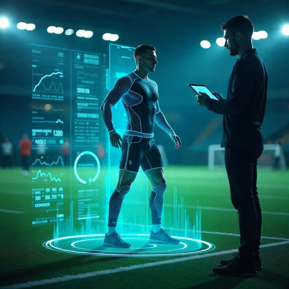 Athlete trains in smart suit with floating data; coach holds tablet in high-tech setting. 