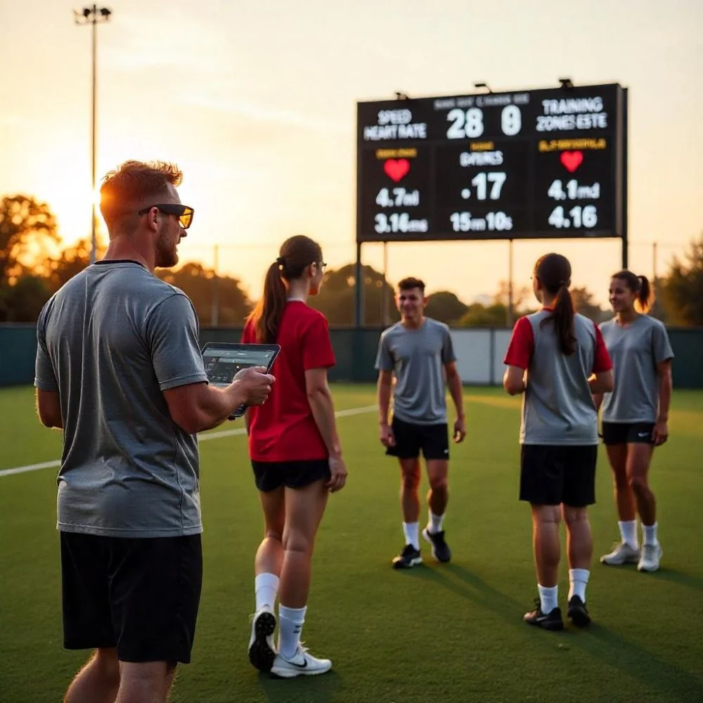 Teens train with smart gear as coach tracks data; sunset field with digital scoreboard. 