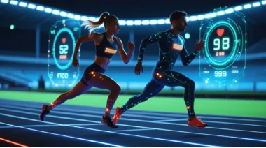 Teens training with smart gear, coach tracking data, sunset field.