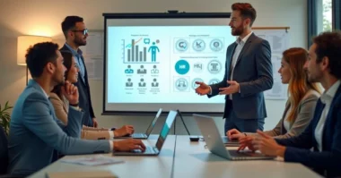 HR manager presenting to a diverse business team with charts, resumes, and payroll icons in a professional office setting.